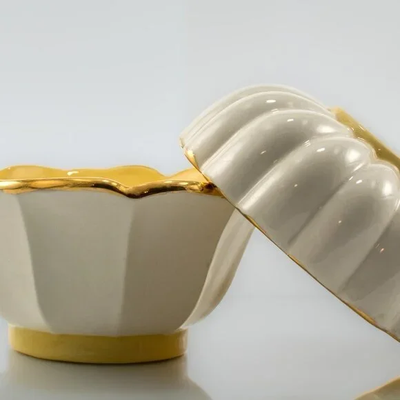 Vintage Porcelain Bowls | Bright Yellow and White with Gold Trim | Set of Bowls - Picture 1 of 6